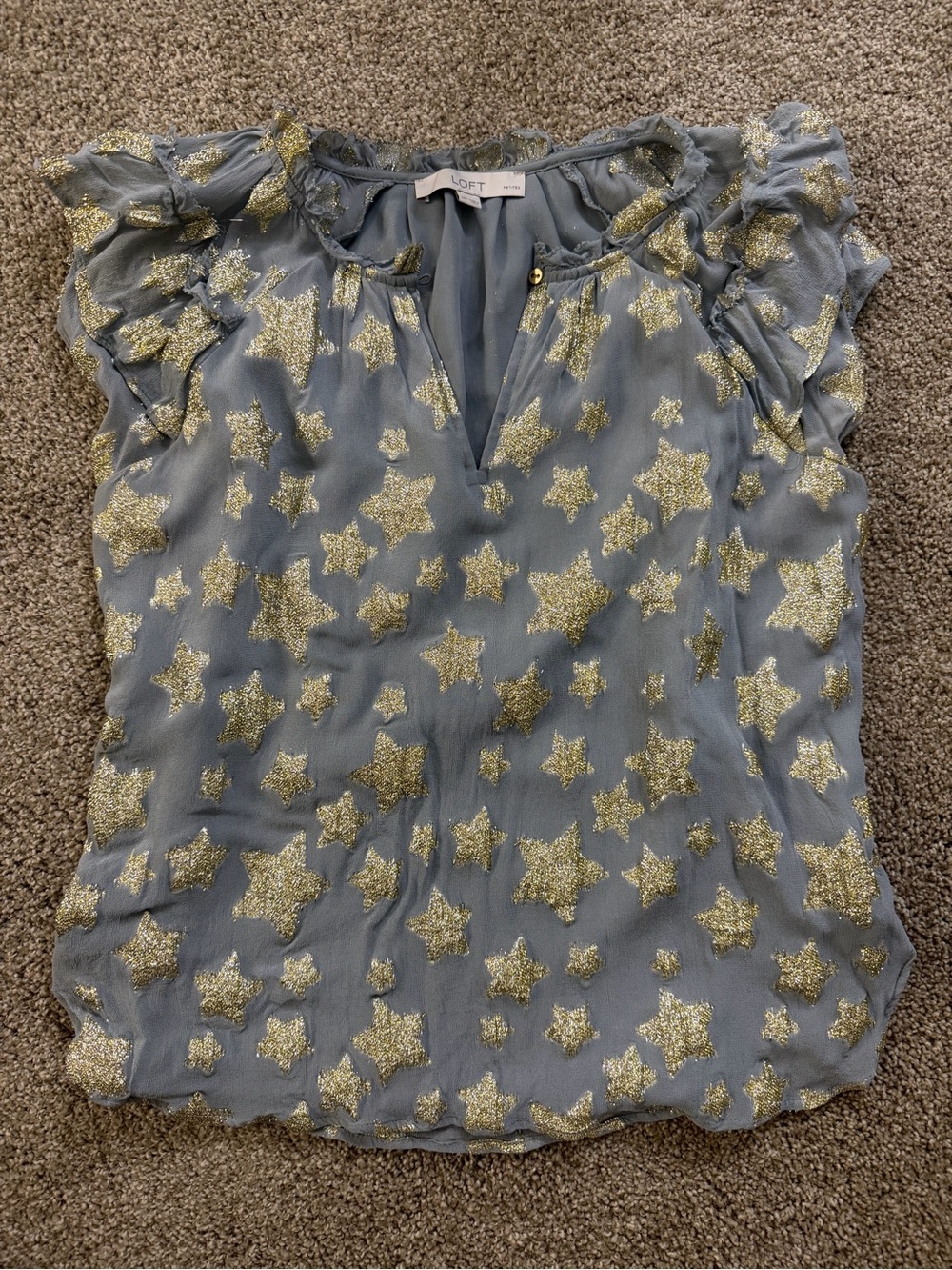 LOFT Light Gray Star-Print Ruffle Sleeve Blouse with Gold Accents